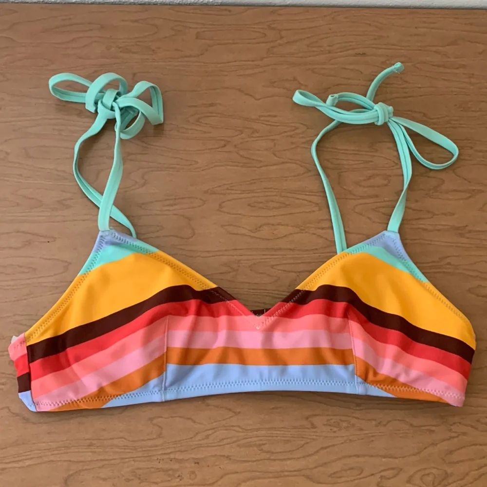 aerie Bikini Scoop Top Stripes Yellow Green Mint Pink Brown Blue S - Picture 1 of 5